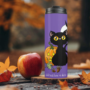 Spooky Purple Cute Black Cat Halloween Pumpkin Thermal Tumbler