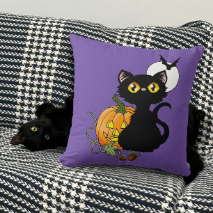 Spooky Purple Cute Black Cat Halloween Pumpkin Throw Pillow