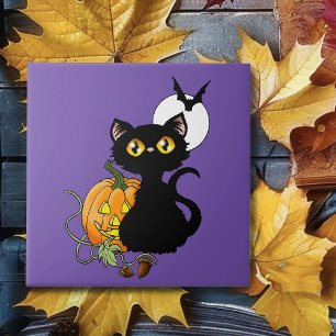 Spooky Purple Cute Black Cat Halloween Pumpkin Tile
