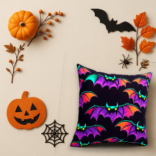 Spooky Purple Neon Flying Bat Pattern Throw Pillow