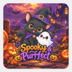 Spooky Purrfect Halloween Black Cat Round Sticker