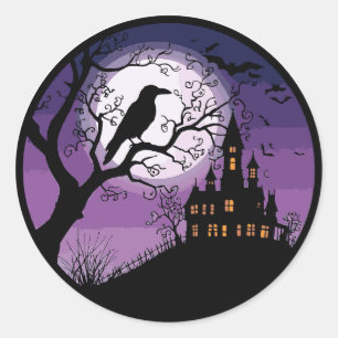 Spooky Raven and Haunted Mansion Classic Round Sticker