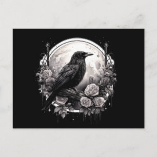 Spooky Raven Crow, Moon & Rose Gothic Illustration Postcard