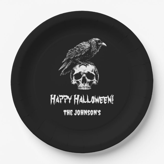 Spooky Raven Skull Halloween Paper Plate (Front)
