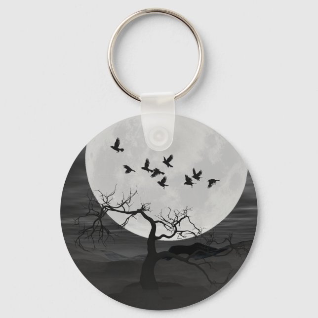 Spooky Ravens Flying Against the Full Moon Keychain (Front)