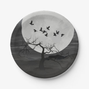 Spooky Ravens Flying Against the Full Moon Paper Plate