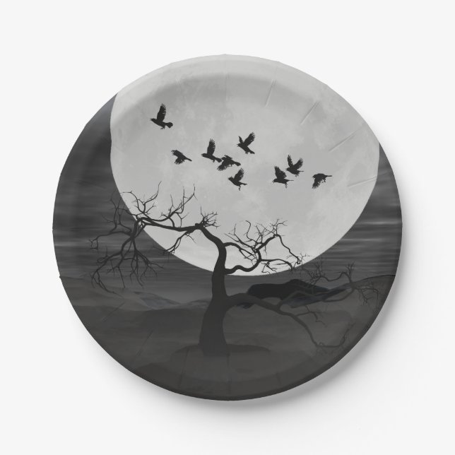 Spooky Ravens Flying Against the Full Moon Paper Plate (Front)