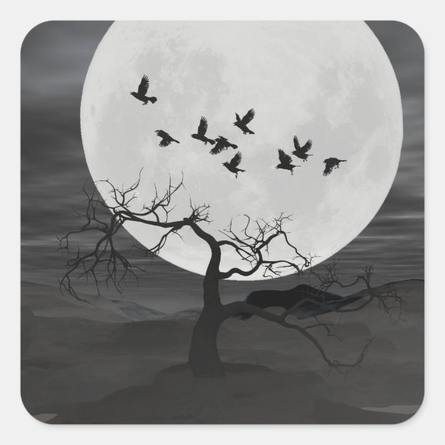 Spooky Ravens Flying Against the Full Moon Square Sticker (Front)