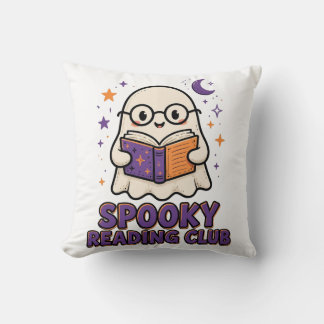 Spooky Reading Club Cute Ghost Reading Book Throw Pillow