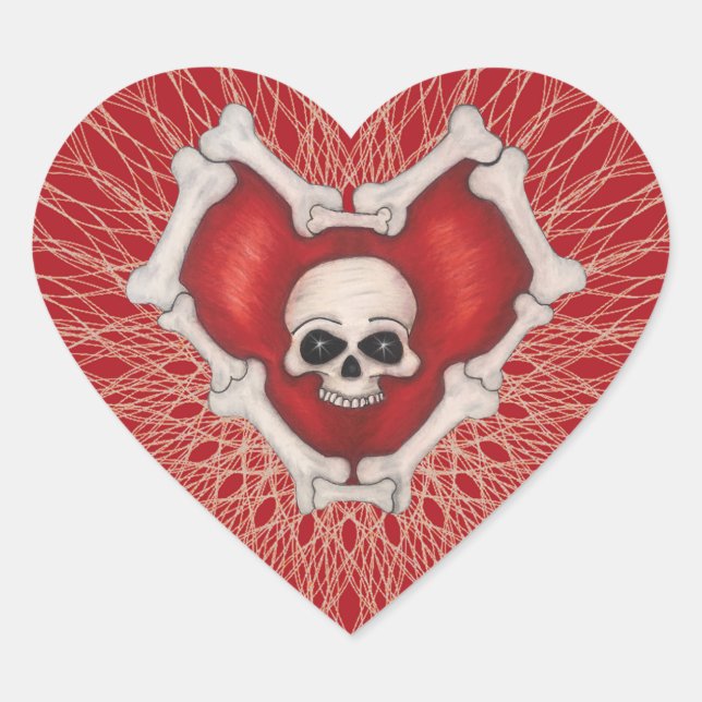 Spooky Red Heart With Spirals Skull and Bones Heart Sticker (Front)