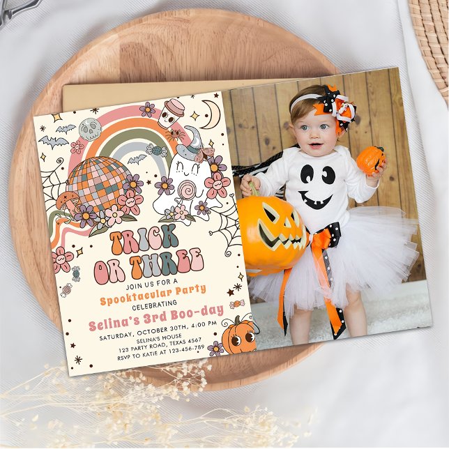 Spooky Retro Ghost Halloween 3rd Birthday Photo Invitation (Creator Uploaded)