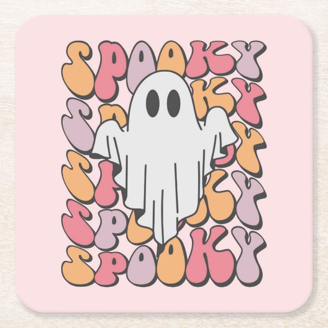 Spooky Retro Ghost Square Paper Coaster (Front)