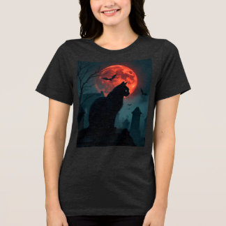 Spooky Rooftop Cat Under Blood Moon Tri-Blend Shirt