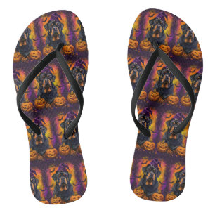 Spooky Rottweiler Dog Halloween Witch And Pumpkin Flip Flops
