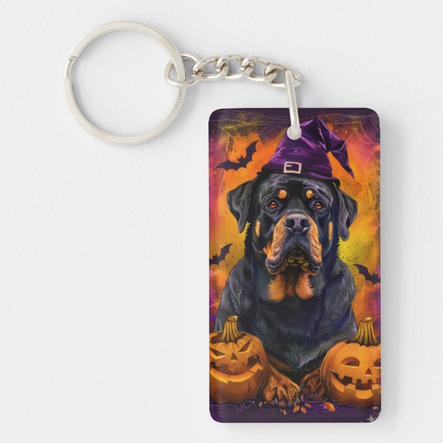 Spooky Rottweiler Dog Halloween Witch And Pumpkin Keychain (Front)