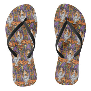 Spooky Rough Collie Dog Halloween Witch Pumpkin Flip Flops