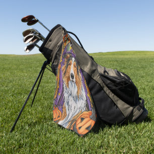 Spooky Rough Collie Dog Halloween Witch Pumpkin Golf Towel