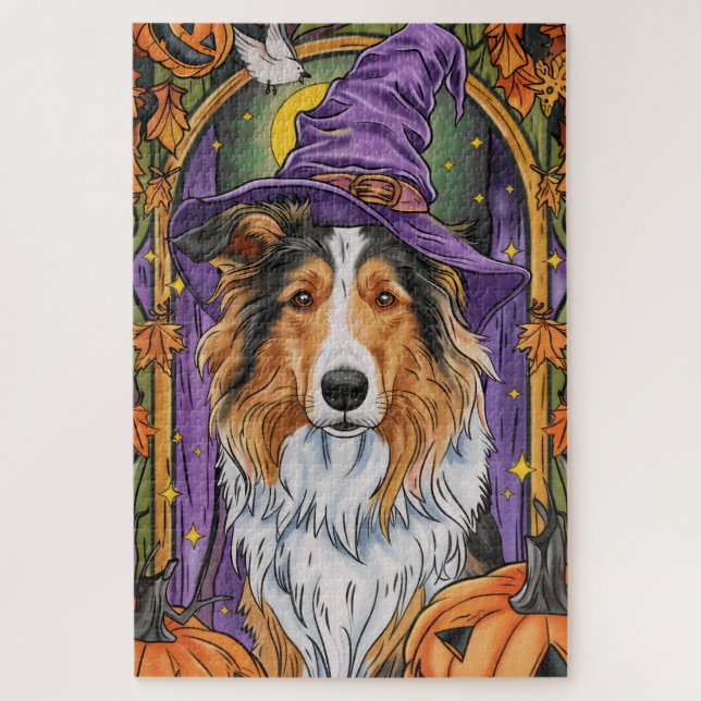 Spooky Rough Collie Dog Halloween Witch Pumpkin  Jigsaw Puzzle (Vertical)