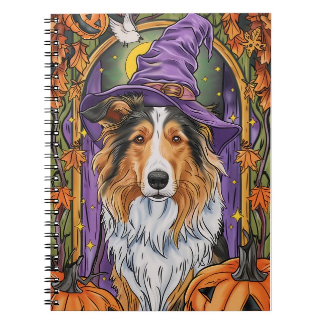 Spooky Rough Collie Dog Halloween Witch Pumpkin  Notebook (Front)