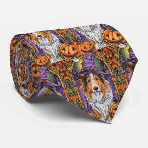 Spooky Rough Collie Dog Halloween Witch Pumpkin  Tie
