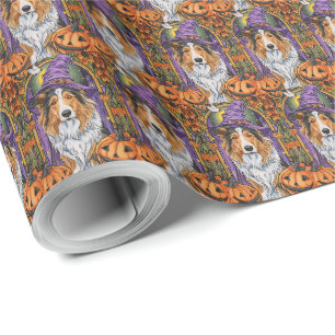 Spooky Rough Collie Dog Halloween Witch Pumpkin  Wrapping Paper