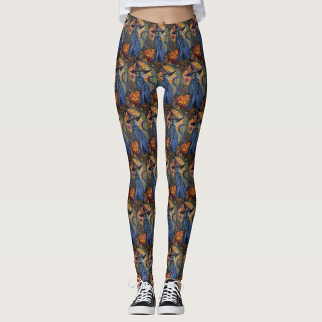 Spooky Russian Blue Cat Halloween Witch Pumpkin Leggings (Front)
