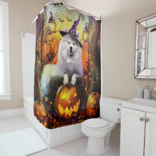 Spooky Samoyed Dog Halloween Witch And Pumpkin