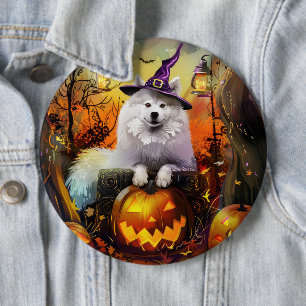 Spooky Samoyed Dog Halloween Witch And Pumpkin 6 Inch Round Button