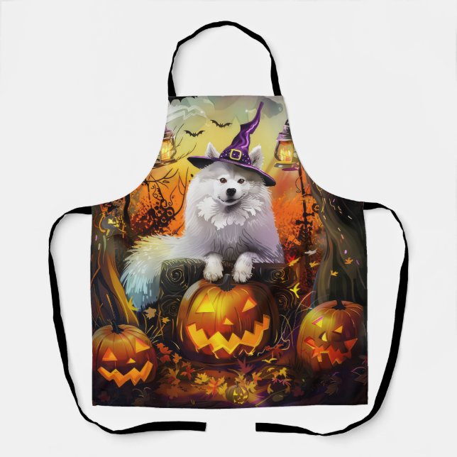Spooky Samoyed Dog Halloween Witch And Pumpkin Apron (Front)