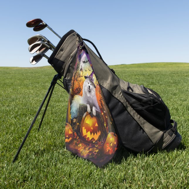 Spooky Samoyed Dog Halloween Witch And Pumpkin Golf Towel (Green)