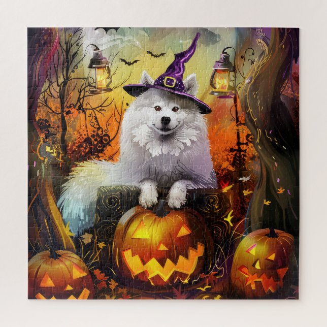 Spooky Samoyed Dog Halloween Witch And Pumpkin Jigsaw Puzzle (Vertical)
