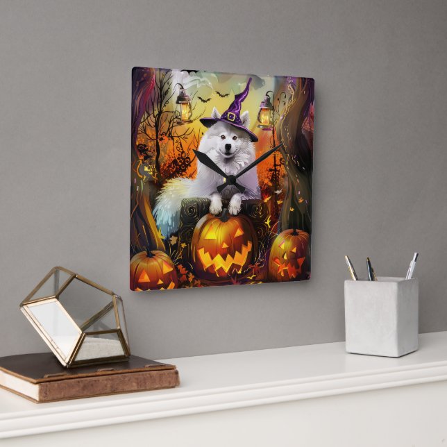 Spooky Samoyed Dog Halloween Witch And Pumpkin Square Wall Clock (Office)
