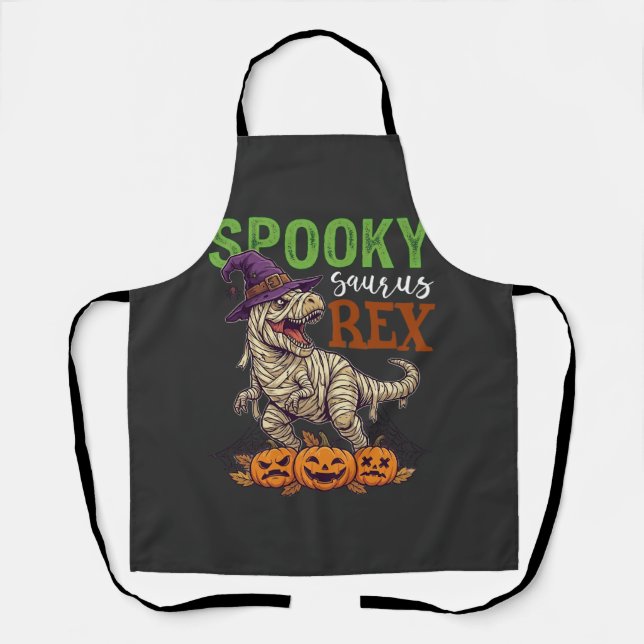 Spooky Saurus Rex Mummy Dinosaur Witch Hat Pumpkin Apron (Front)