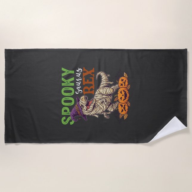 Spooky Saurus Rex Mummy Dinosaur Witch Hat Pumpkin Beach Towel (Front)