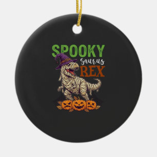 Spooky Saurus Rex Mummy Dinosaur Witch Hat Pumpkin Ceramic Ornament