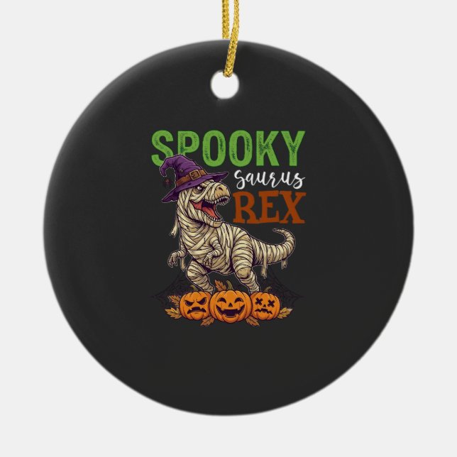 Spooky Saurus Rex Mummy Dinosaur Witch Hat Pumpkin Ceramic Ornament (Front)