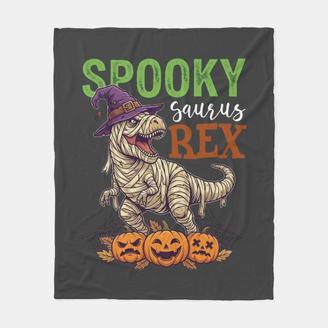 Spooky Saurus Rex Mummy Dinosaur Witch Hat Pumpkin Fleece Blanket (Front)
