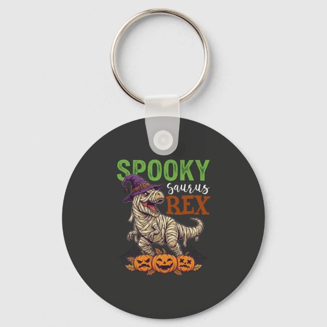Spooky Saurus Rex Mummy Dinosaur Witch Hat Pumpkin Keychain (Front)