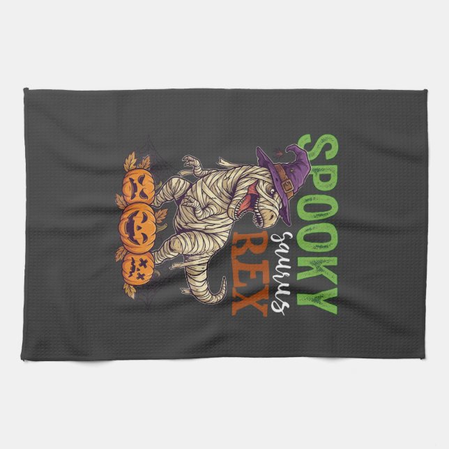 Spooky Saurus Rex Mummy Dinosaur Witch Hat Pumpkin Kitchen Towel (Horizontal)