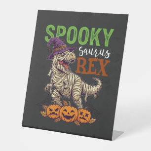 Spooky Saurus Rex Mummy Dinosaur Witch Hat Pumpkin Pedestal Sign