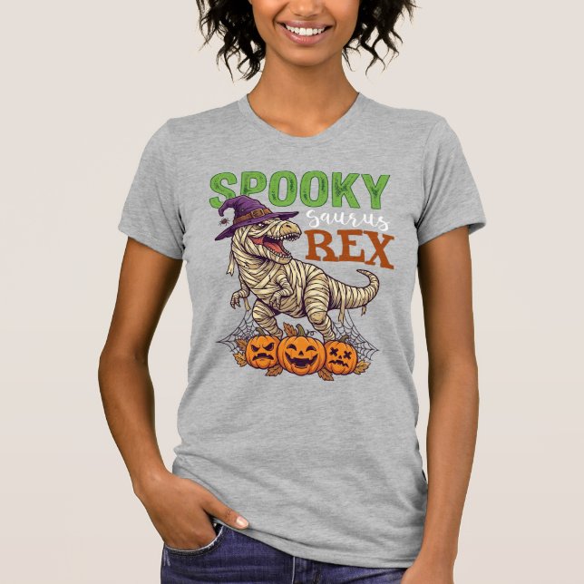 Spooky Saurus Rex Mummy Dinosaur Witch Hat Pumpkin T-Shirt (Front)