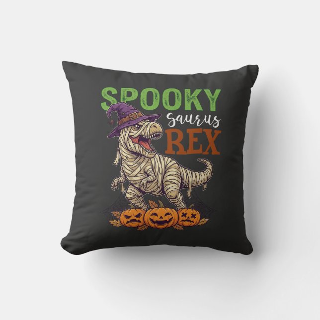 Spooky Saurus Rex Mummy Dinosaur Witch Hat Pumpkin Throw Pillow (Front)