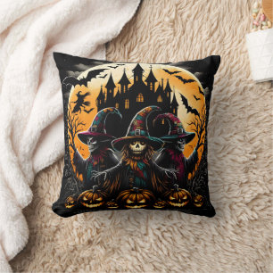 Spooky scarecrow in pumpkin patch throw pillow