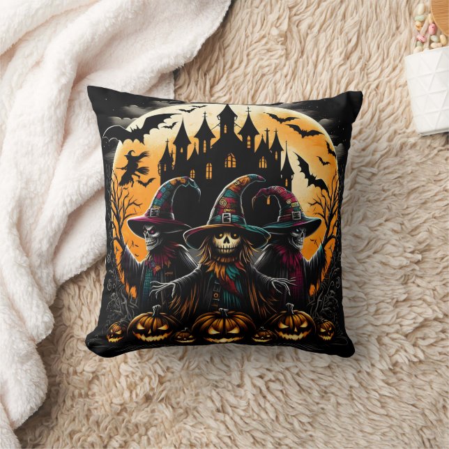 Spooky scarecrow in pumpkin patch throw pillow (Blanket)