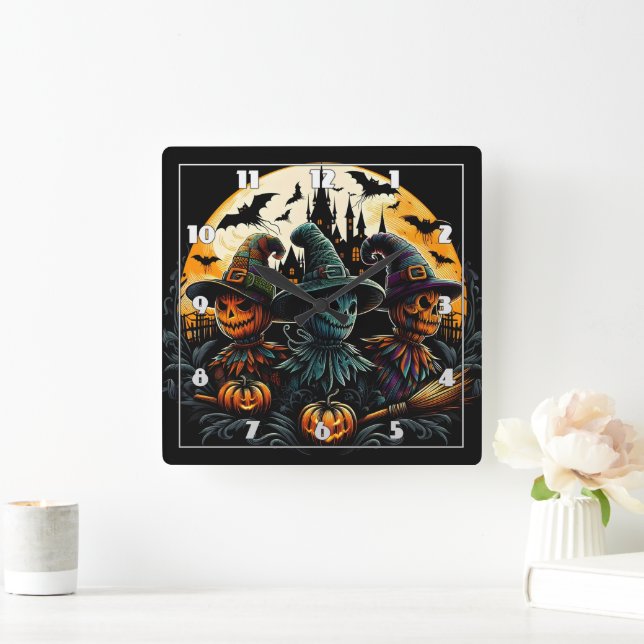 Spooky scarecrow trio by the full moon square wall clock (Home)