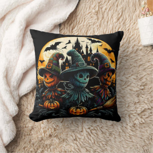Spooky scarecrow trio by the full moon throw pillow
