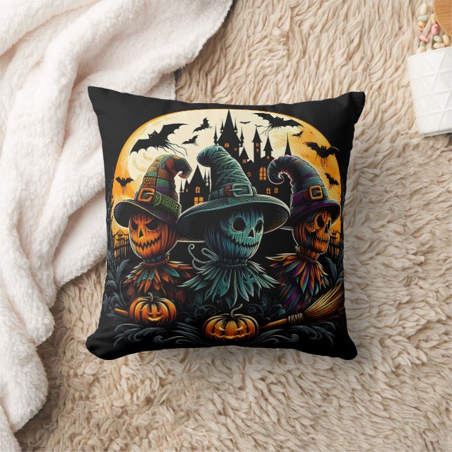 Spooky scarecrow trio by the full moon throw pillow (Blanket)