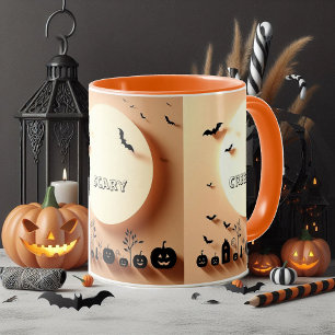 Spooky Scary Creepy Hallow Jacks Black Bats Orange Mug
