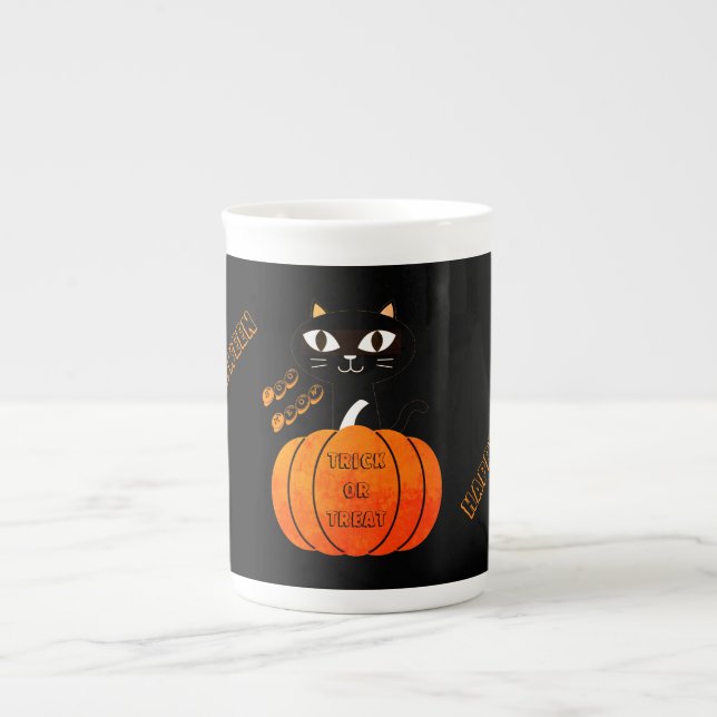 Spooky Scary Cute Orange Dark Black Halloween Cat Bone China Mug (Front)