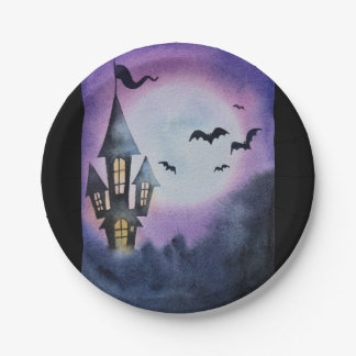 Spooky scene with castle and bats paper plate